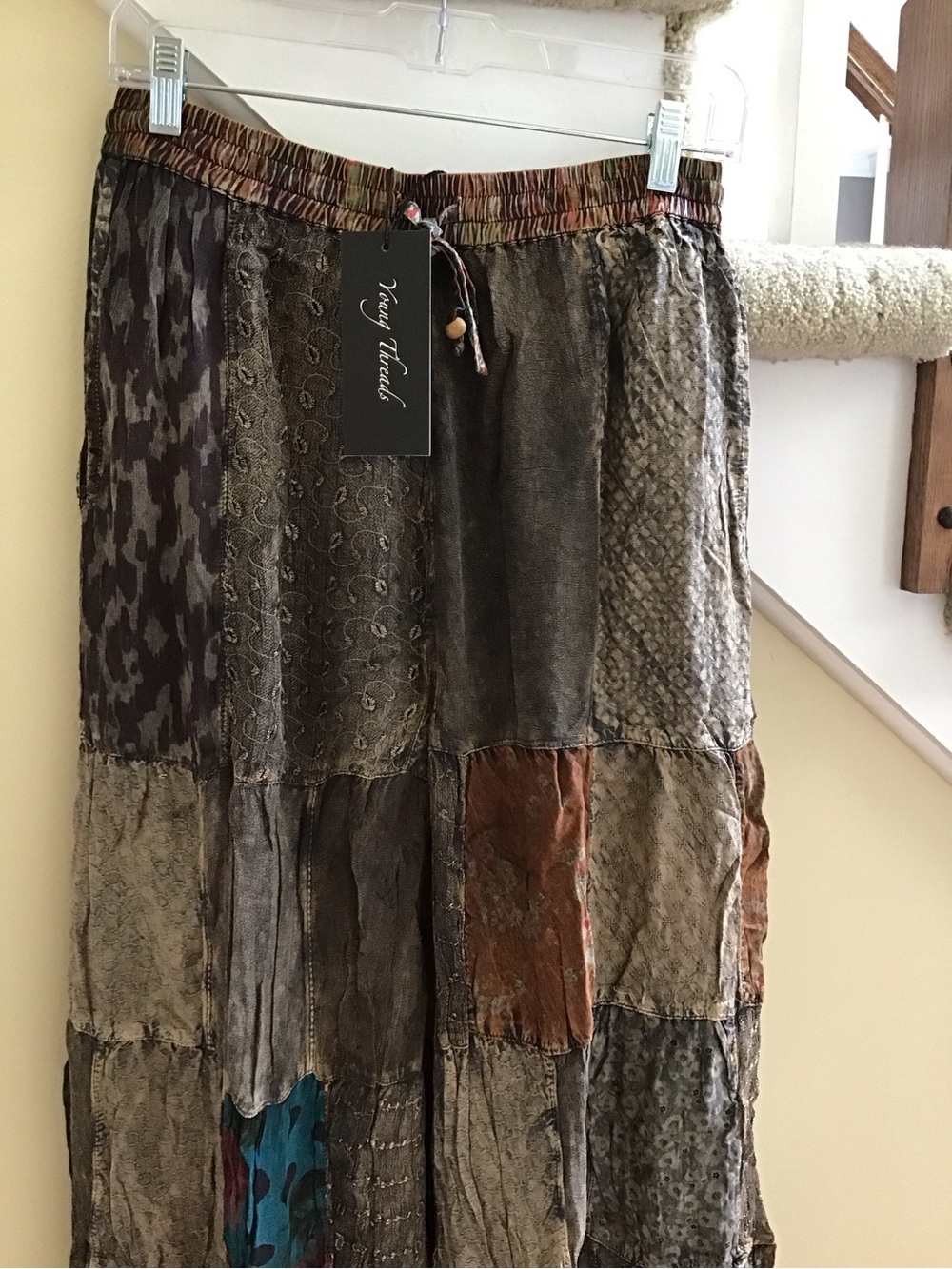 YOUNG THREADS NWT Pants Brown Black Patched Elastic Waist Size Large